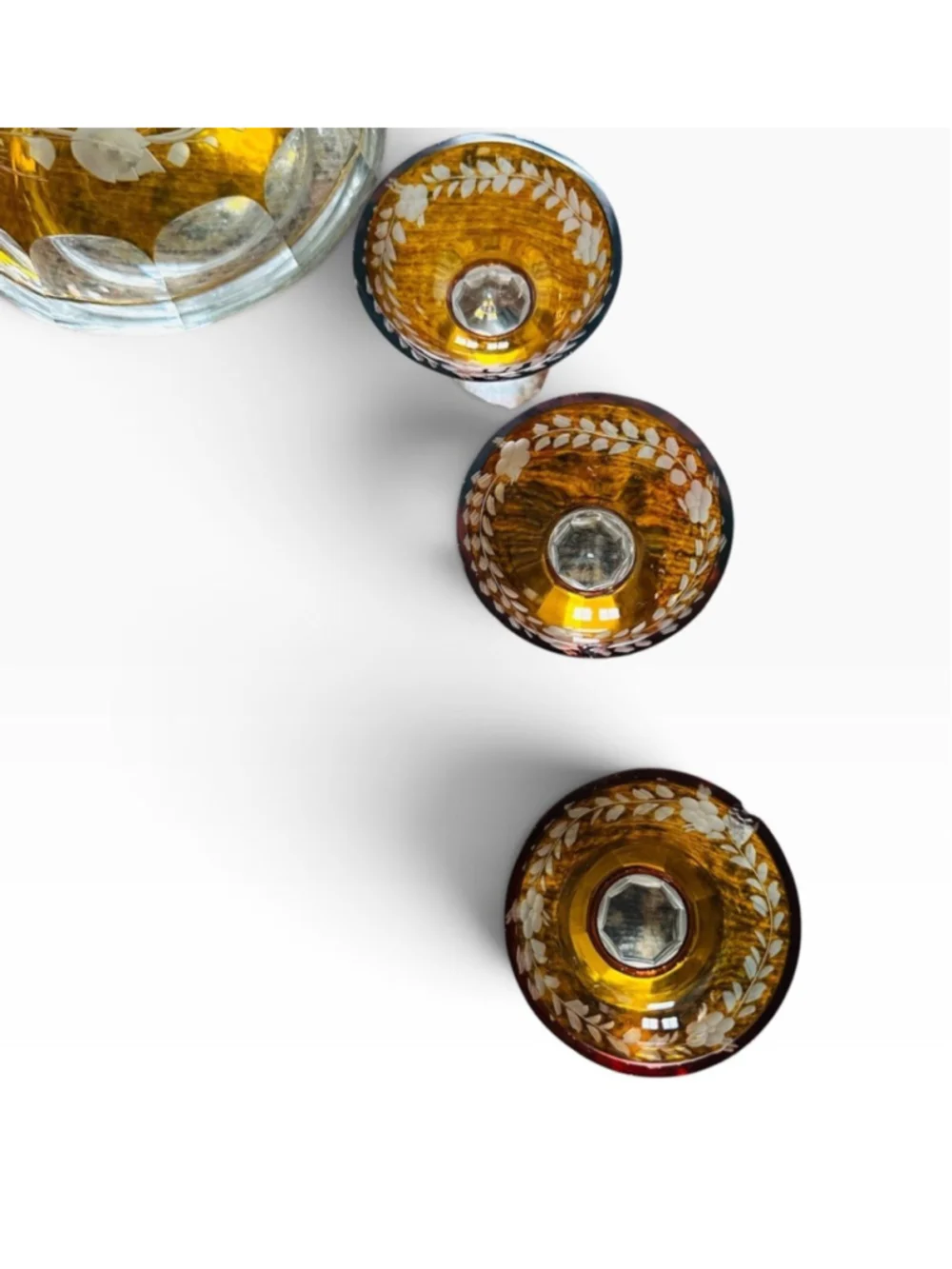 Antique Vintage 7 Pc Set Amber Bohemian Glass Cut Glass Beautiful Floral Designs
